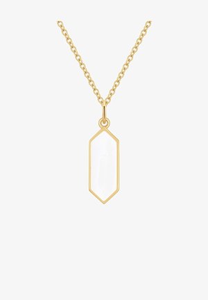 Arany színű lánc nyaklánc átlátszó, hatszögletű medállal, amely sima szélekkel rendelkezik, tükrözi a fényt és kiemeli tisztaságát.