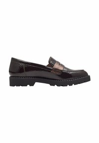 Mocassins en cuir brun foncé avec une finition brillante, présentant une large sangle sur le dessus et une semelle en caoutchouc texturée avec des détails de traction.