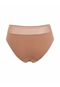 Mutande beige a vita alta senza cuciture per donna con un elastico lucido in vita, esposte su uno sfondo bianco.