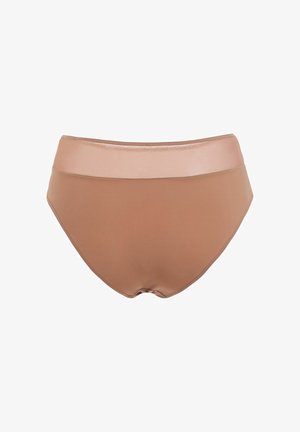 Mutande beige a vita alta senza cuciture per donna con un elastico lucido in vita, esposte su uno sfondo bianco.