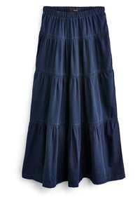 Gonna maxi in denim blu scuro con vita elastica, caratterizzata da volant a strati e una silhouette fluida.