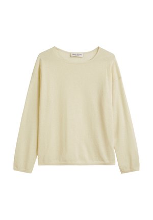 Light beige long-sleeve shirt made of soft fabric; round neckline, drop shoulders, and a relaxed fit. Label at the neckline.