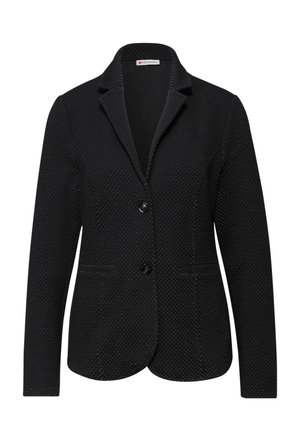 Blazer da donna nero con texture, due bottoni neri, rever a lancia e due tasche anteriori a welt, vestibilità sartoriale.