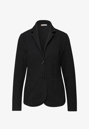 Blazer da donna nero con texture, due bottoni neri, rever a lancia e due tasche anteriori a welt, vestibilità sartoriale.