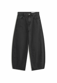 Zwarte wijde jeans met hoge taille, voorzakken, riemlussen en knoopsluiting, plat weergegeven op een witte achtergrond.