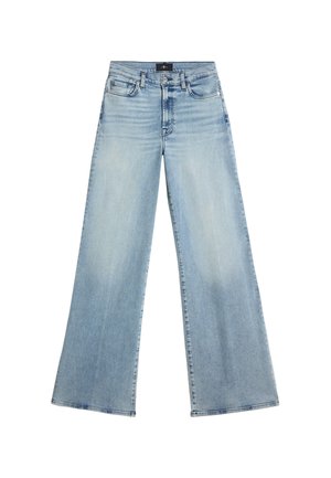 Lys blå brede jeans lavet af denim. Har en høj talje, let falmning og et klassisk fem-lomme design med en frontknaplukning.