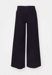 Svart vide ben jeans laget av denim, med høy midje, frontlommer og knappelukking. Glatt tekstur uten mønstre eller detaljer.