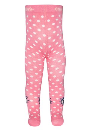 Pink Strumpfhosen mit weißen Punkten und schwarzen Marienkäfer-Designs an den Knöcheln. Hergestellt aus dehnbarem Material für zusätzlichen Komfort.