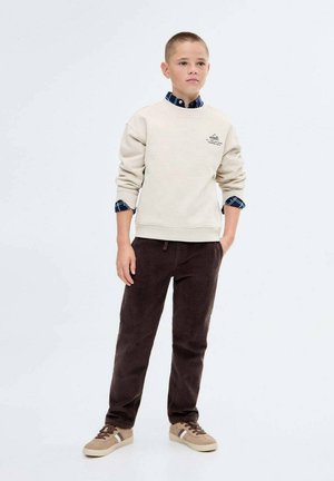 Sweatshirt en coton beige avec un col rond et un logo, superposé sur une chemise à carreaux bleue. Pantalons en velours côtelé marron et baskets beiges.