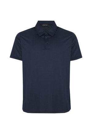 Polo blu navy a maniche corte con patta a tre bottoni e colletto classico, mostrata su sfondo bianco uniforme.