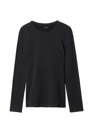 Schwarzfarbenes Langarm-T-Shirt aus weichem Stoff, mit rundem Ausschnitt, schlichtem Design und ohne sichtbare Muster oder Verzierungen.