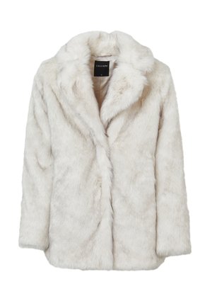 Cappotto bianco in pelliccia sintetica con colletto scialle, maniche lunghe e taglio dritto. Tessuto morbido e testurizzato con una fodera interna liscia.