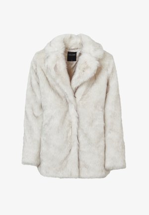 Cappotto bianco in pelliccia sintetica con colletto scialle, maniche lunghe e taglio dritto. Tessuto morbido e testurizzato con una fodera interna liscia.