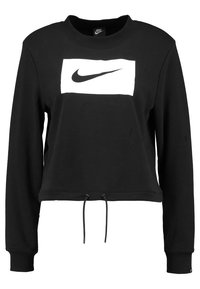 Svart kortärmad sweatshirt i bomullsblandning; har en vit Nike-logotyp inom en rektangulär patch, dragsko nederst, ribbade ärmslut.