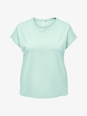 Hele-sinisest lühikeste varrukatega naiste T-särk, millel on ümar kaelus ja lõdvestunud lõige, valmistatud pehmest ja siledast kangast.