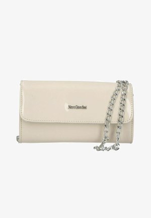 Light beige leather wallet with a flap closure, silver chain strap, and a logo on the front. Smooth texture with a sleek, rectangular shape.