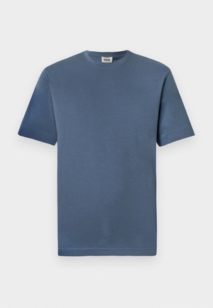 Blauwe katoenen t-shirt met een ronde hals en korte mouwen. Heeft een gladde textuur en een rechte zoom. Geen zichtbare patronen of graphics.