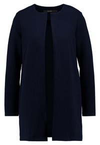 Mörkblå långärmad jacka med geometrisk struktur och upphöjda ränder, öppen framsida och rund halsringning.