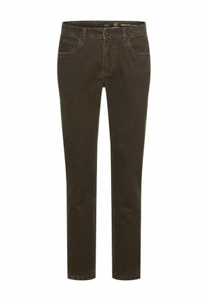 Donkerbruine regular fit broek, gemaakt van zachte katoen denim. Bevat vijf zakken, een ritssluiting en subtiele stiksels langs de naden.