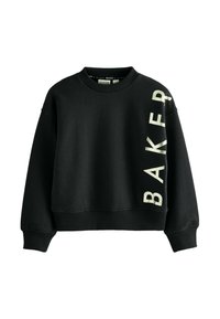 Felpa nera realizzata in morbido tessuto di cotone misto. Presenta un design cropped con polsini e scollo a costine. La scritta "BAKER" è stampata verticalmente in bianco.