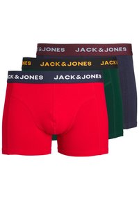 Boxershorts-Set in Rot, Grün und Marineblau. Jede Shorts hat einen elastischen Bund mit dem kontrastierenden "JACK & JONES" Logo. Aus Baumwollmaterial.