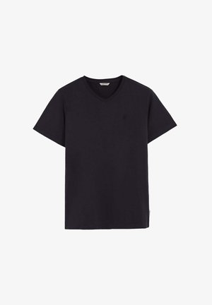 Zwarte katoenen t-shirt met een v-hals, korte mouwen en een subtiele logodetail op de borst. Klassieke pasvorm met een gladde textuur.