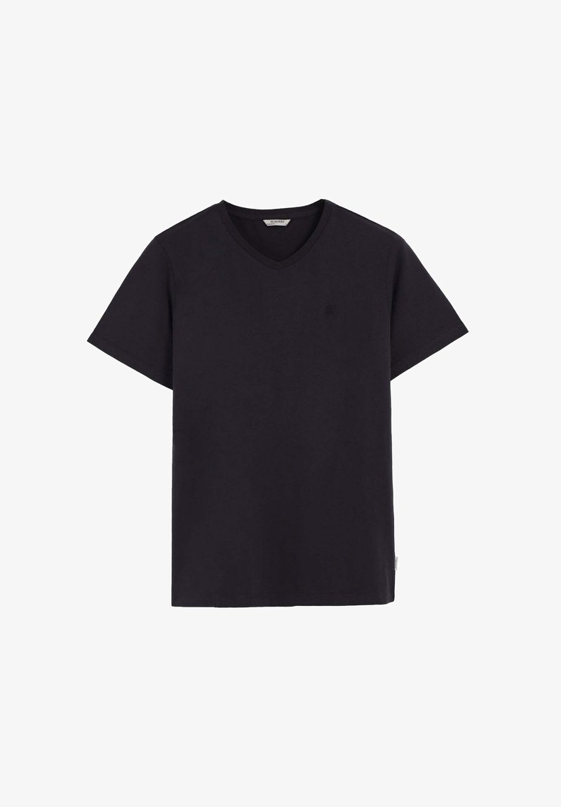 Czarny bawełniany t-shirt z dekoltem w serek, krótkimi rękawami i subtelnym detalem logo na piersi. Klasyczny krój o gładkiej fakturze.