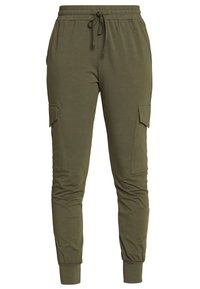 Olijfgroene joggingbroek van zachte stof, met een elastische tailleband met trekkoord, taps toelopende benen en zijvakjes.