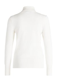 Weißer Pullover mit langen Ärmeln und hohem Kragen. Besitzt eine glatte Textur sowie gerippte Bündchen und Saum. Keine Muster oder Akzente.