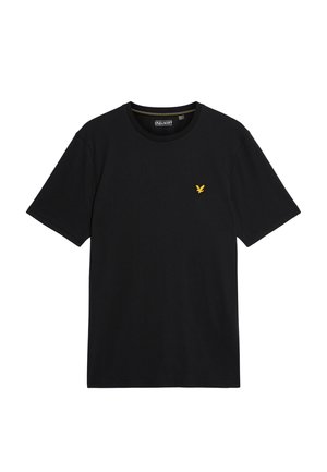 Schwarzes Baumwoll-T-Shirt mit rundem Halsausschnitt, kurzen Ärmeln und einem kleinen gelben Adler-Logo auf der linken Brust. Glatte Textur, lässige Passform.