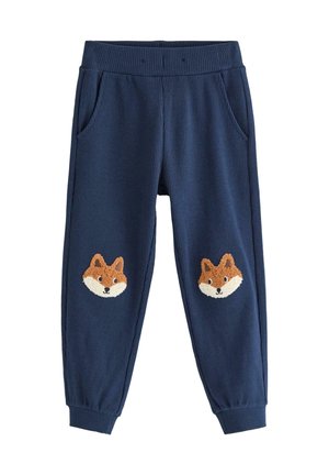 Marineblaue strukturierte Hose mit elastischem Bund, Taschen, umgeschlagenen Knöcheln und Fuchs-Gesicht-Aufnähern auf beiden Knien.