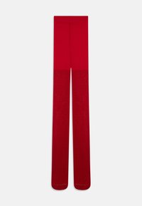 Red tights with a smooth texture, featuring a glittery lower section. Full-length design with a solid color throughout.