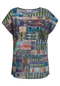 Kurzärmliges, mehrfarbiges Oberteil mit einem Patchwork-Design aus verschiedenen Mustern in Grün, Blau, Lila, Orange und Schwarz. Glatte Stoffqualität.