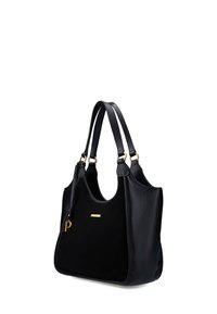 Sac fourre-tout en cuir noir avec une texture lisse, arborant des accents en matériel doré et un petit porte-clés. Conçu avec deux poignées robustes.