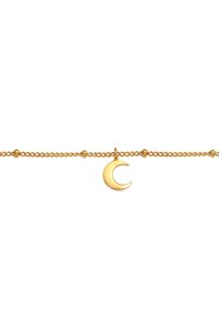 Gold chain bracelet with small round beads and a crescent moon charm, sleek design, polished finish, and delicate texture.