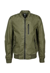 Oliivinvihreä bomber-takki, jossa on resorit hihansuissa ja helmassa, etuvetoketju, kaksi sivutaskua läpillä ja pystysuuntainen vetoketjullinen rintatasku.