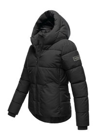 Black padded jacket with a high collar and oversized hood. Features a zip closure, side pockets, and elastic cuffs. Branding on the sleeve.