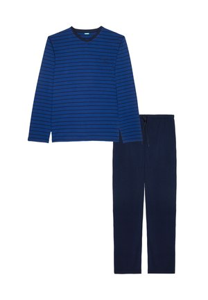 Conjunto de pijama compuesto por una parte superior azul de manga larga y escote en V con rayas, combinada con pantalones de tiro elástico en navy con cordón.