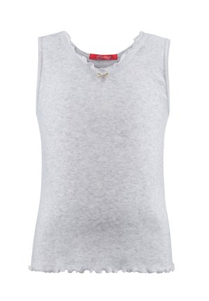 Graues ärmelloses Oberteil mit einem gewellten Ausschnitt, einer kleinen dekorativen Schleife an der Vorderseite und einem strukturierten Stoff mit Rüschensaum.