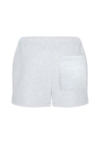 Shorts grigi chiaro realizzati in tessuto morbido, dotati di una cintura elastica e di una singola tasca sul retro con pattina. Vestibilità casual e rilassata.