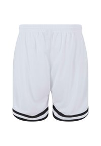 White athletic shorts made of breathable mesh fabric, featuring a black and white striped hem and elastic waistband.