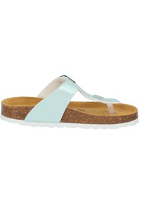 Mintgröna läderflip-flops med korksula, vit sula och genomskinliga remmar. Enkelt design utan synliga mönster eller metallföremål.