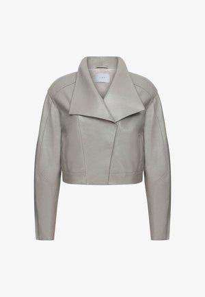 Helles graues Cropped-Lederjacke mit breitem Kragen, strukturierten Nähten und langen Ärmeln, ausgestattet mit einer glatten Textur und minimalistischem Design.