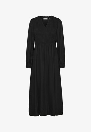 Črna obleka z dolgimi rokavi in V-izrezom, nabranim korpusom in tekočim krilom. Narejena iz mehkega blaga z gladko teksturo in minimalističnim dizajnom.