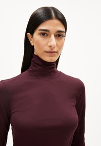 Bordeauxfarbener Rollkragenpullover aus weichem, elastischem Material mit taillierter Passform und langen Ärmeln, der einen hohen Kragen für zusätzlichen Wärme bietet.