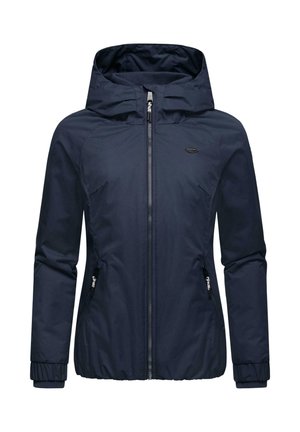 Marineblauwe waterdichte jas met capuchon, voorrits, elastische manchetten en twee zijzakken. Zachte textuur en lichtgewicht ontwerp.