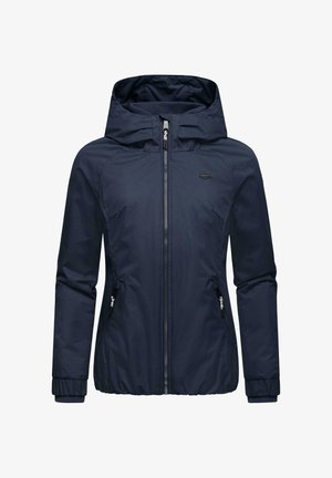 Giacca impermeabile blu navy con cappuccio, zip frontale, polsini elasticizzati e due tasche laterali. Tessuto liscio e design leggero.