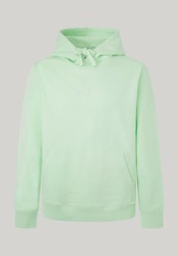 Sudadera verde menta hecha de tela suave, con un bolsillo tipo canguro, puños acanalados y capucha con cordón. Logotipo bordado en el pecho.