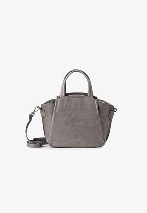 Borsa in pelle grigia con due manici corti, una tracolla removibile e un design minimalista. Presenta dettagli di cucitura sottili.