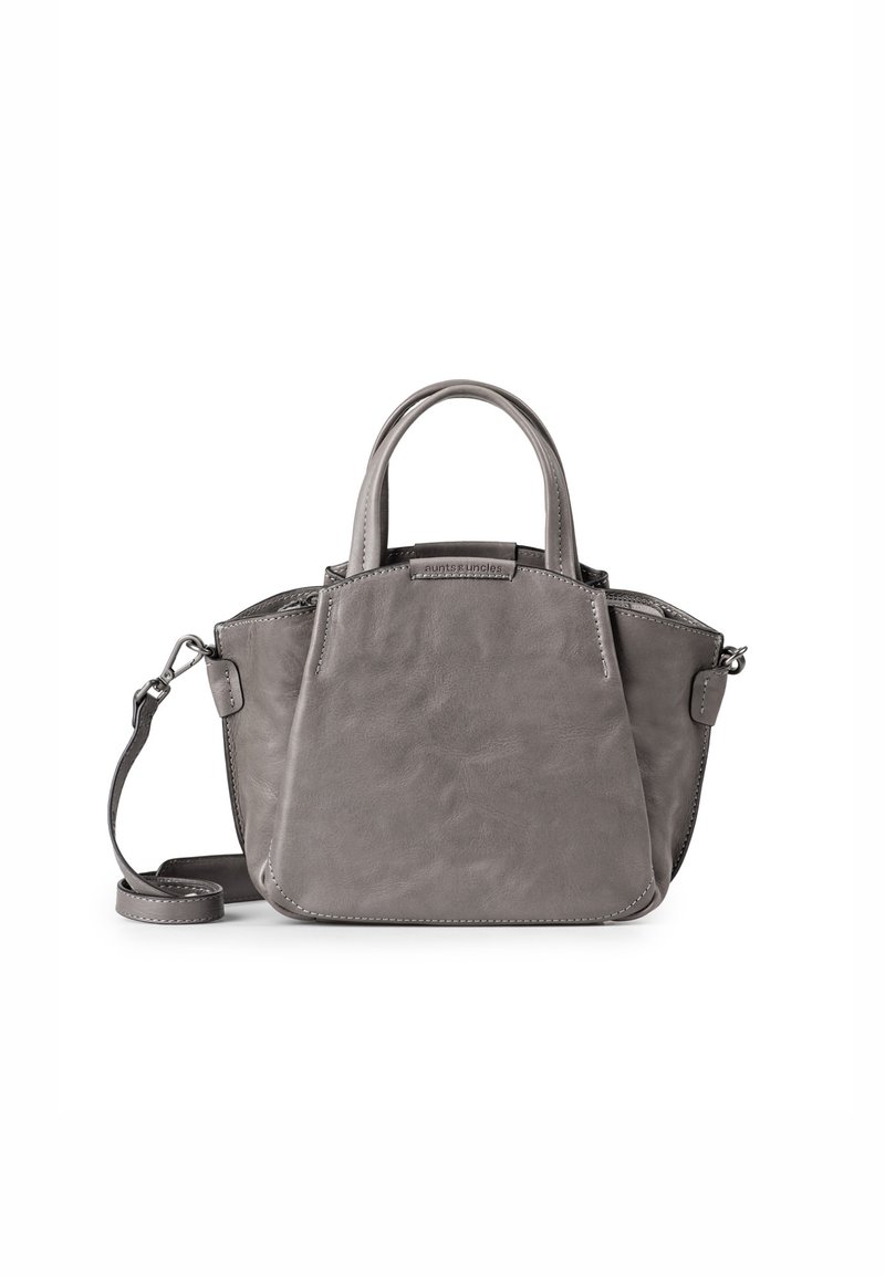 Borsa in pelle grigia con due manici corti, una tracolla removibile e un design minimalista. Presenta dettagli di cucitura sottili.